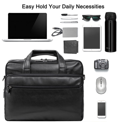 Leather Laptop Bag, Men's 15.6 Inches Messenger Briefcase Business Satchel Computer Handbag Shoulder Bag Fits 15.6 Inch Laptop Black