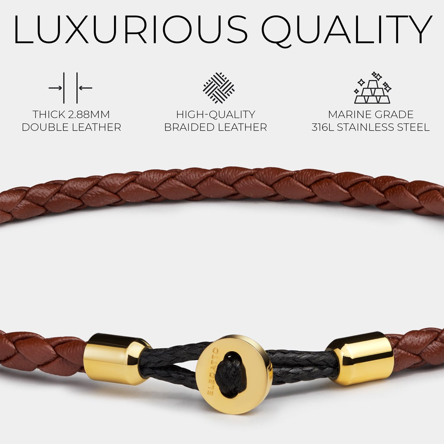 Elegatto Uno Premium Braided Leather Bracelet for Men | Full-Grain Leather with 18k Gold-Plated Stainless Steel Closure | Men’s Designer Bracelets | Brown Gold Small