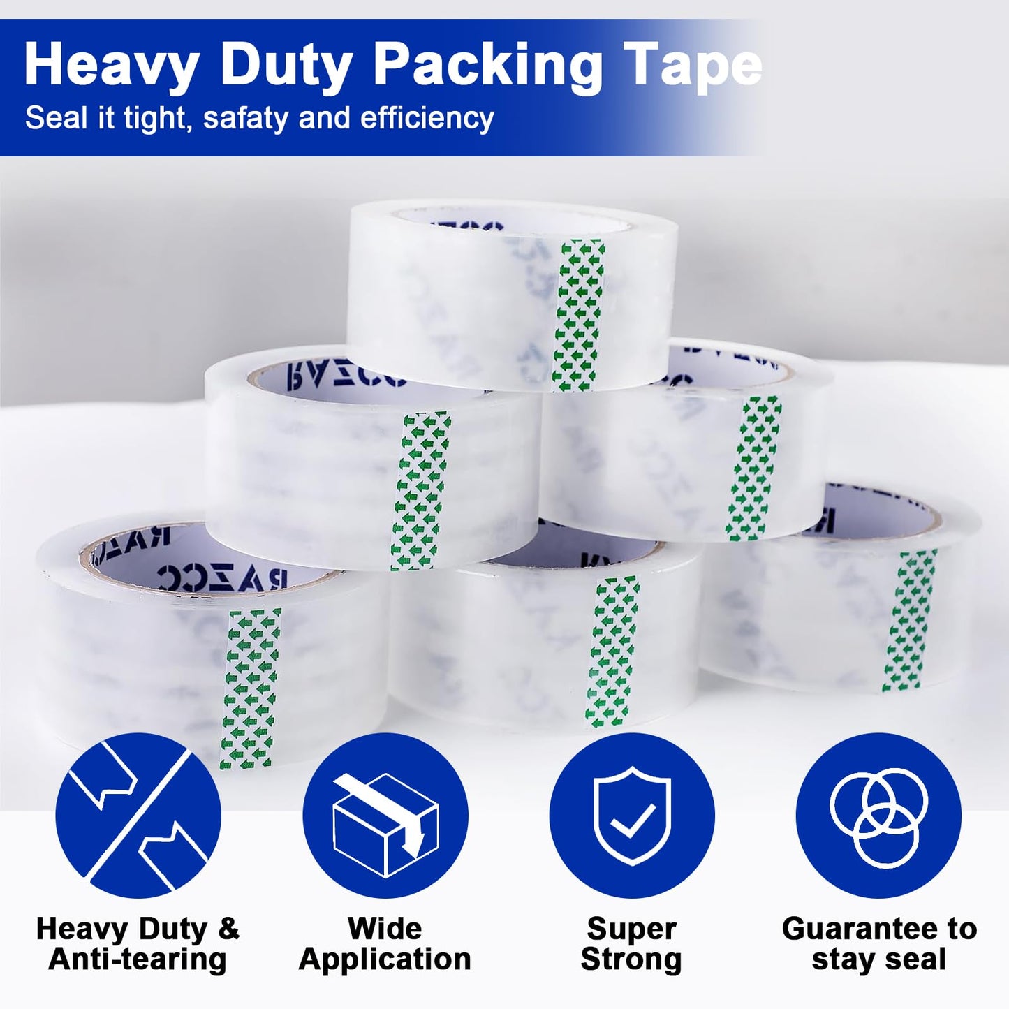 RAZCC Clear Packing Tape, 36 Rolls Heavy Duty Packaging Tape with Dispensers for Packing Shipping Moving and Sealing, Thicker Packing Tape-2" x 65 Yards Per Roll, 2340 Total Yards
