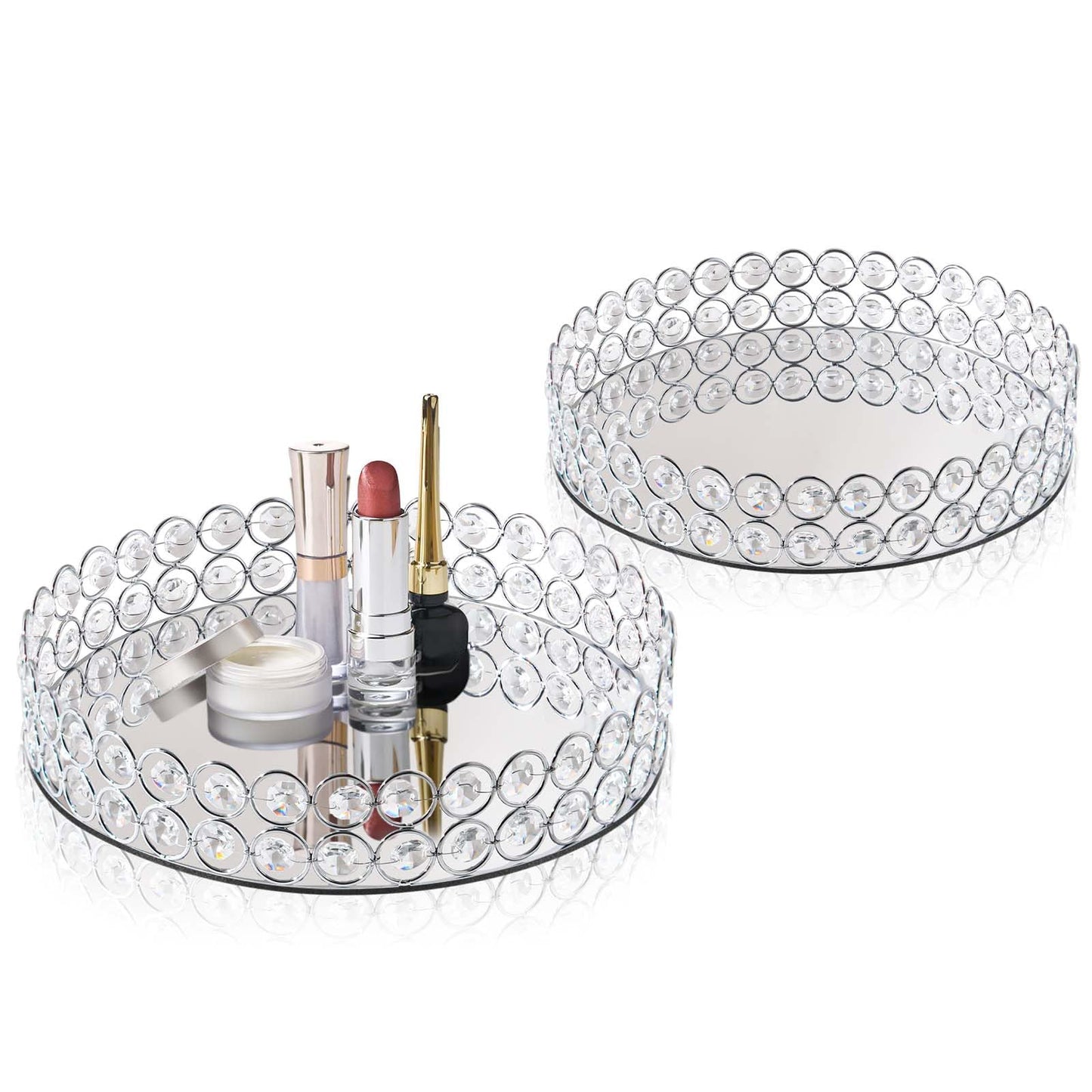 KEHAIL 2 Pcs Silver 10" Round Metal Mirror Crystal Tray – Vanity Tray for Makeup, Perfume, Jewelry & Dessert Display, Elegant Decorative Serveware, Christmas & Birthday Gift