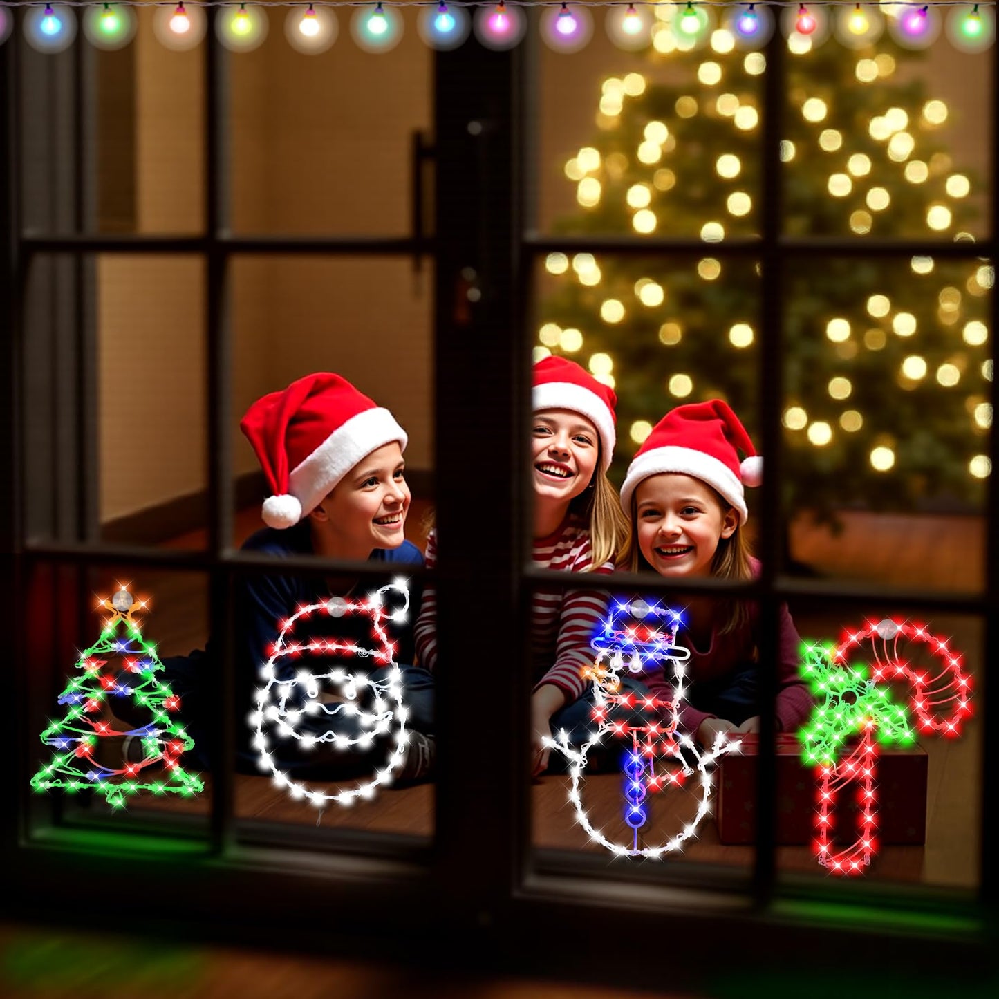4 Pack Christmas Window Silhouette LED Lights Decorations, Santa Claus, Xmas Trees, Candy Cane, Snow Man Christmas Window Light Decorations with 50 Bulbs for Holiday Wall Door Glass Decorations