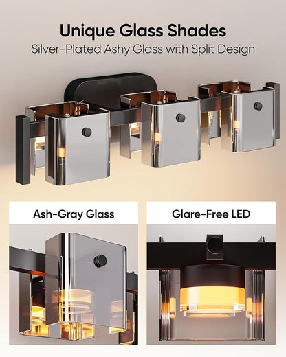 JACKYLED Bathroom Light Fixture, Modern 3-Light Vanity Lights with Art Glass Shades, 3 Color Temperatures LED Bathroom Lighting Fixture Over Mirror, 15W 900 Lumen 30° Adjustable, Ash Gray Glass