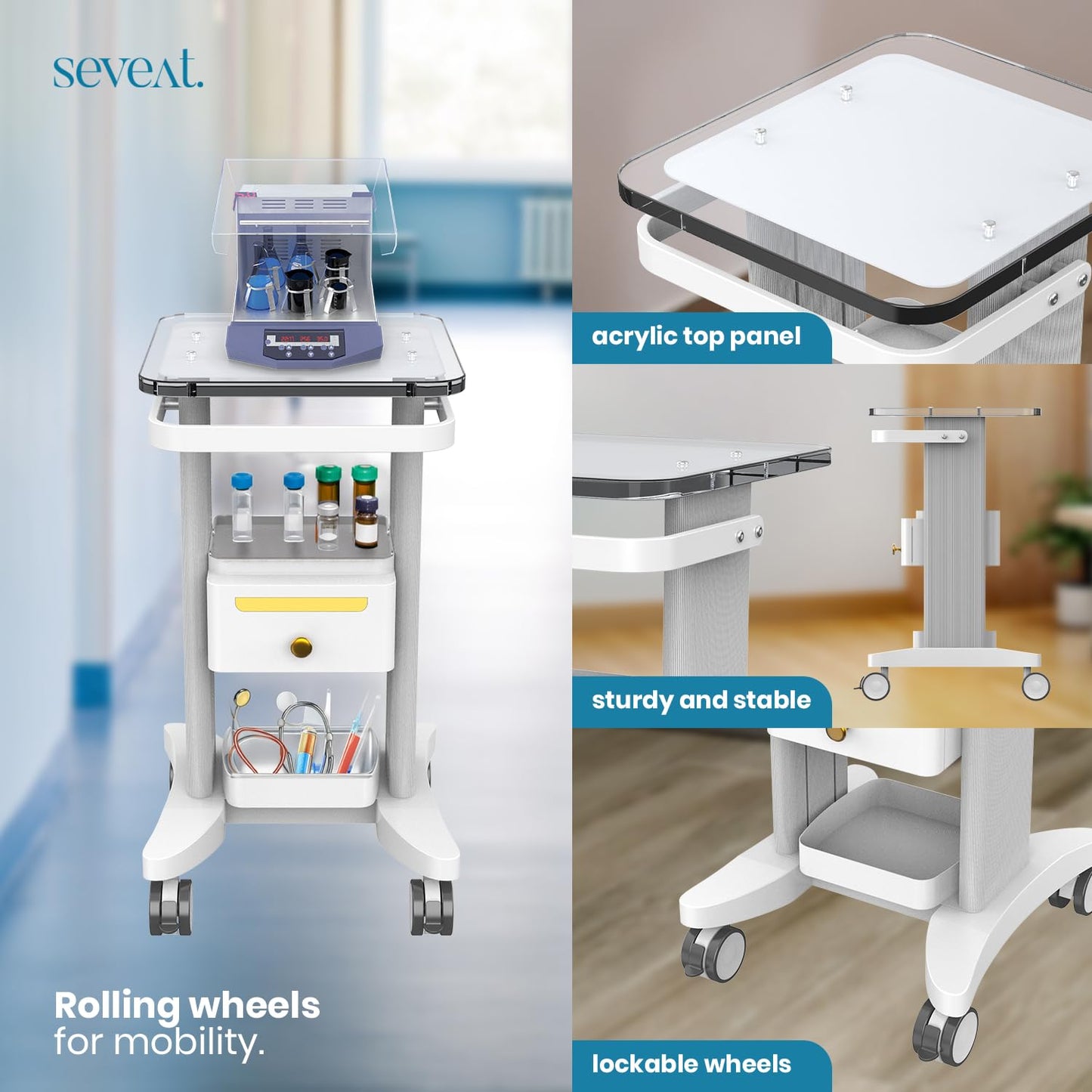 Seveat Professional Medical Cart | 3-Tier Rolling Trolley with Drawers | 198 lbs Capacity | Portable Utility Cart for Hospitals, Clinics, Spa, Office, or Home (White)
