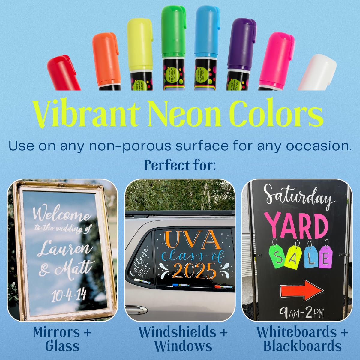 10mm JUMBO Tip Liquid Chalk Drawing Markers for Car Windows, Auto Windshields, Mirrors, White Boards, Retail + Restaurant Signs. Erasable Chalk Markers – Washable – Neon 8pck - 3 writing options