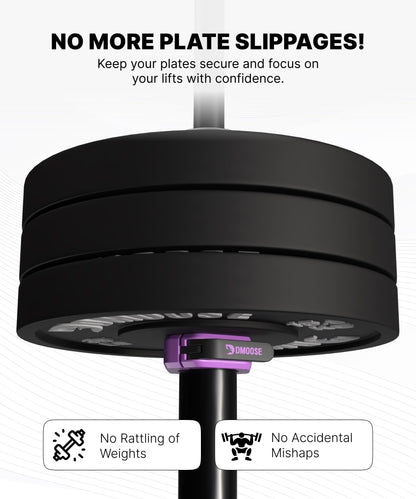 DMoose Barbell Clips (Pair) - Quick Release Olympic Barbell Clamps with Anti Slip TPR Grip, 2" Barbell Collars for Secure Weightlifting & Powerlifting (Purple & Black - Magnetic)