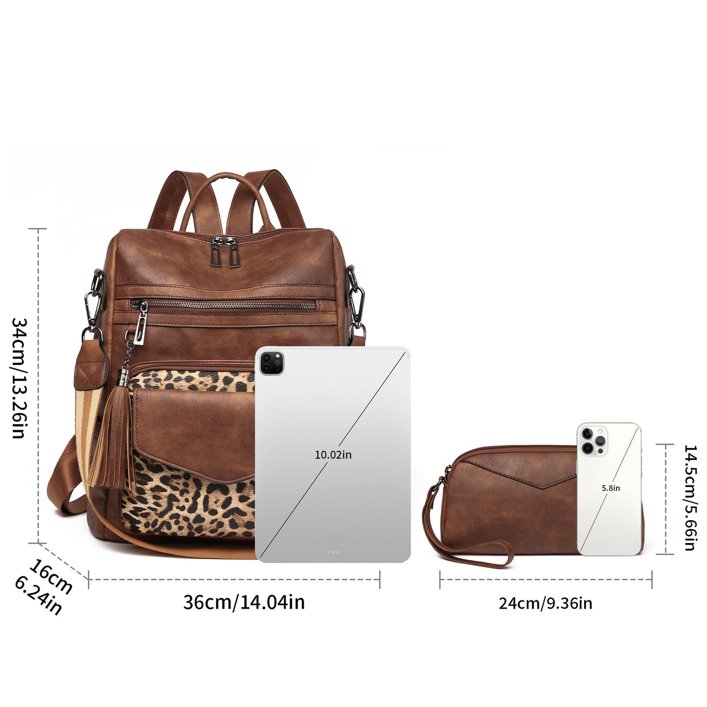 GAEKEAO Backpack Purse for Women Fashion Leather Designer Travel Backpack Purses Convertible Shoulder Bag with Wristlet (Brown With Leopard)