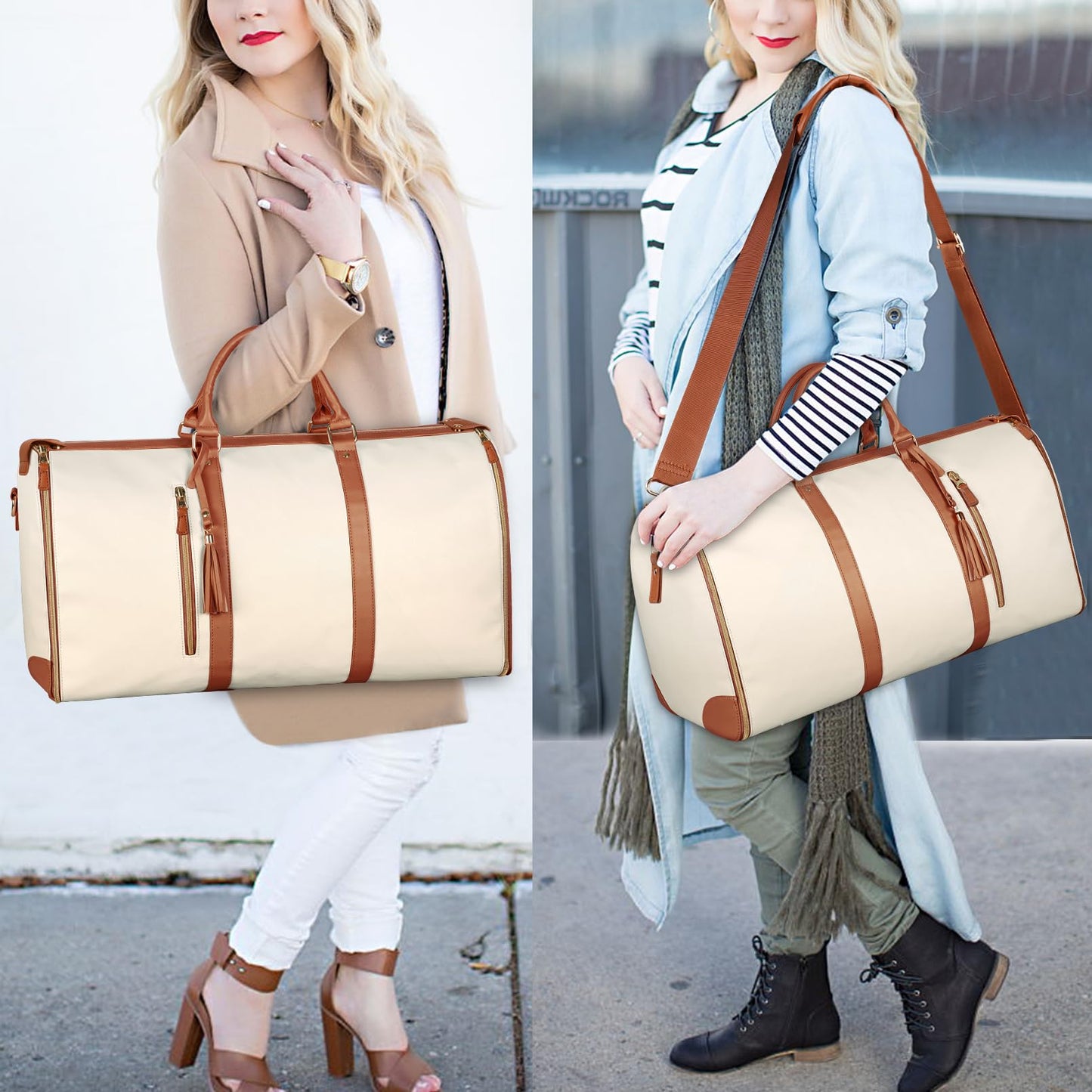 Ytonet Garment Bags for Travel, Convertible Carry on Garment Bag Large Duffle Bags for Women, 2 in 1 Hanging Suitcase Suit Water Resistant Duffel Travel Bags with Shoe Pouch, Beige