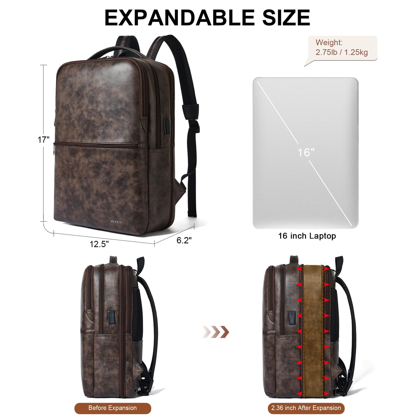 Shrrie Vegan Leather Laptop Backpack for Women&Men,16 Inch Expandable Backpack with USB Charging Port,Two-toned Coffee