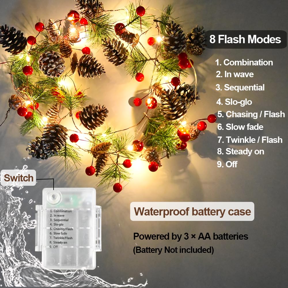 Christmas Pine Garland with Lights 13 Feet 40 LED Battery Operated Garland with Red Berry and Led Lights Xmas Tree Holiday Garlands for Home Windows Fireplace Stairs