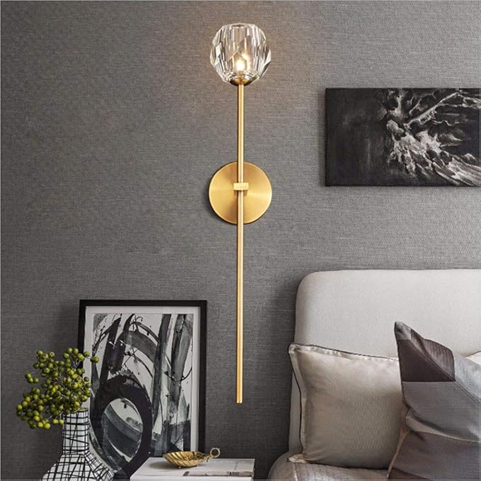 BOKT 1-Light Antique Brass Wall Sconce Lighting Fixture Modern Clear Crystal Ball Wall Sconce Lamp Brushed Gold Long Metal Wall Light Hardwired Bathroom Vanity Light Fixture