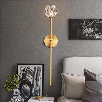 BOKT 1-Light Antique Brass Wall Sconce Lighting Fixture Modern Clear Crystal Ball Wall Sconce Lamp Brushed Gold Long Metal Wall Light Hardwired Bathroom Vanity Light Fixture