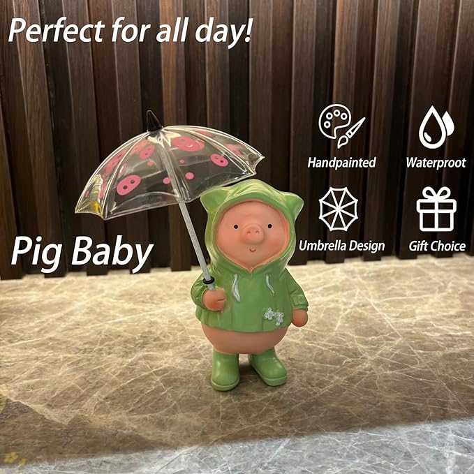 Pig Statue with Umbrella Garden Decor Hand Painted Resin Home Decor Cute Rain Coat Animal Decoration Sculpture Figurine Gift for Women Kid
