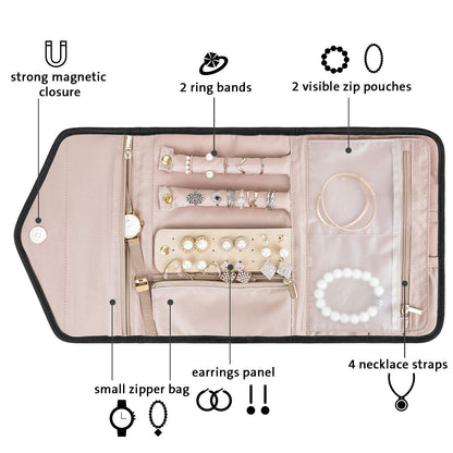 BAGSMART Travel Jewelry Organizer Roll Foldable Jewelry Case for Journey-Rings, Necklaces, Bracelets, Earrings, Black