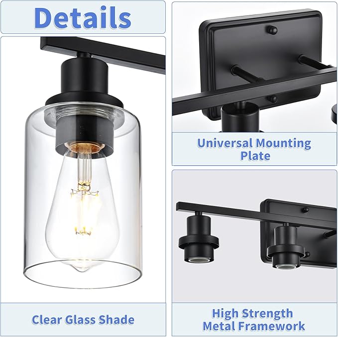 Bathroom Vanity Light Fixtures,5-Light Black Wall Lights for Living Room,Bathroom Light Fixtures Over Mirror,Wall Lamps for Bedroom with Clear Glass Shade for Hallway,Kitchen,Cabinet