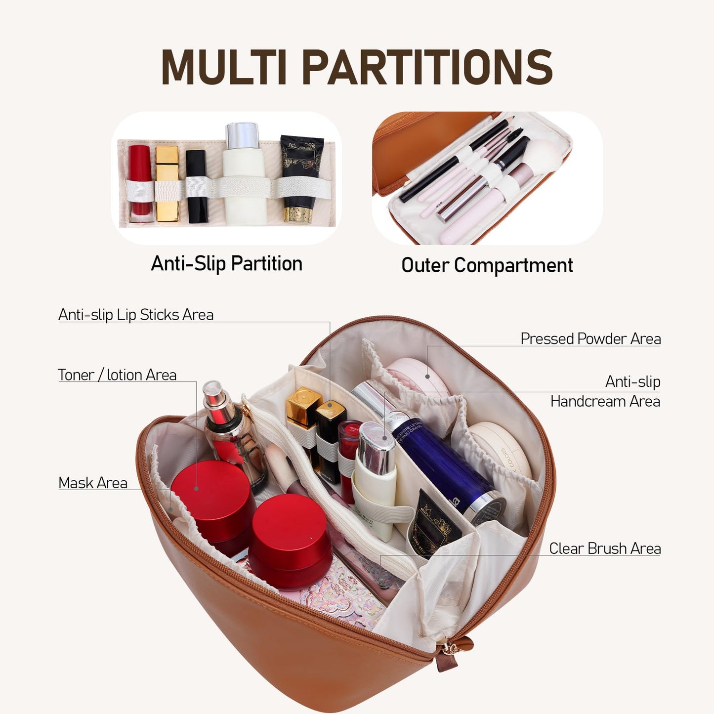 ETTP Large Capacity Cosmetic Bag for Women, Waterproof PU Leather Makeup Bag for Travel,Toiletry Bag Make up Organizer with Divider and Handle (Brown)