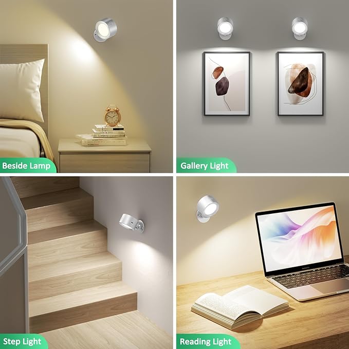 Lightbiz LED Reading Lights, Wall Lights Sconces 3 Pcs with Remote Rechargeable Battery Operated, 3 Color Temperatures & Dimmable Light Magnetic Ball 360°Rotation, Lamps for Study Bedside Closet