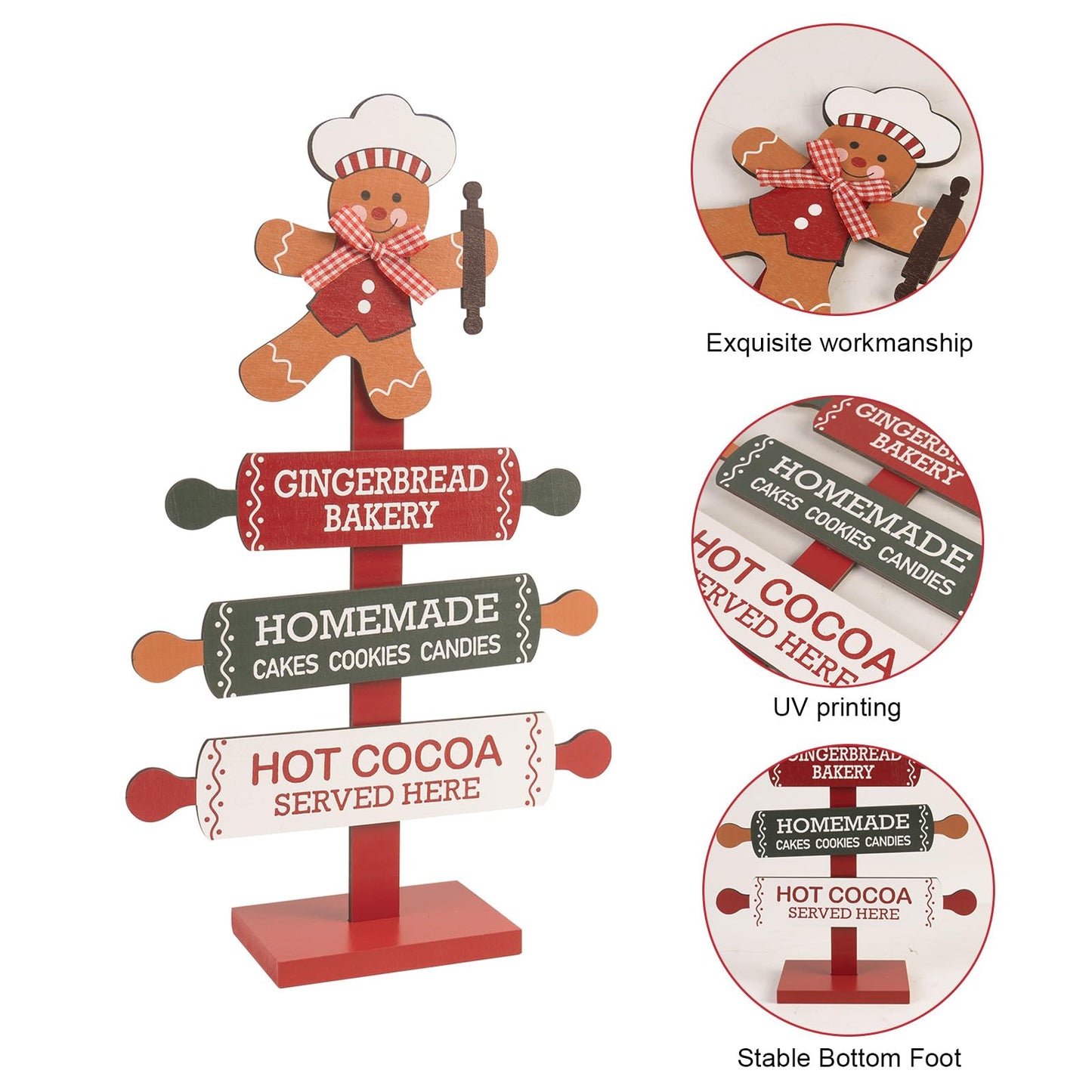 pechpell Wooden Gingerbread Bakery Sign, 15.7" Christmas Gingerbread Man Kitchen Tabletop Decorations, Indoor Holiday Wood Ginger Bread Stand Decorative Signage Table Centerpiece Decor for Home
