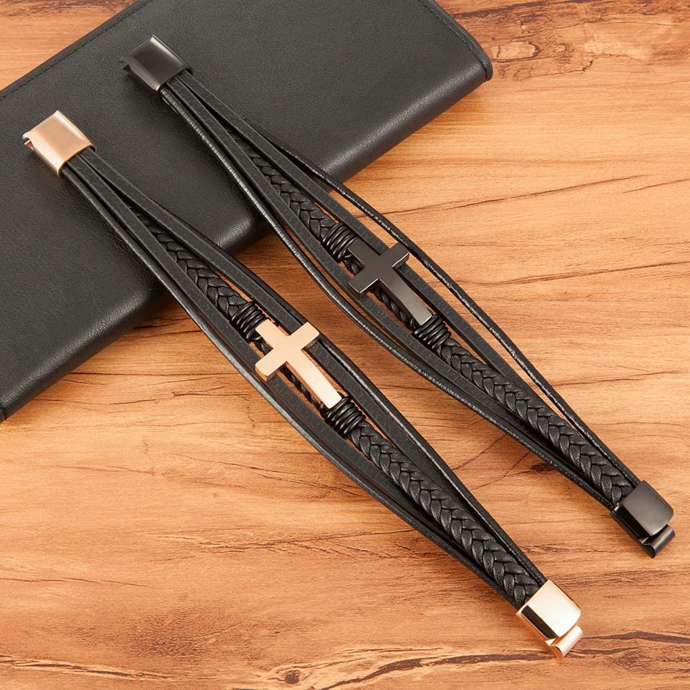 Binatric Multi-Layer Braided Leather Bracelets with Magnetic Clasp Mens Cuff Bracelets for Men Genuine Leather Bracelet Religious Leather Bracelets decorate Gift ((Black, 7.5 Inches))
