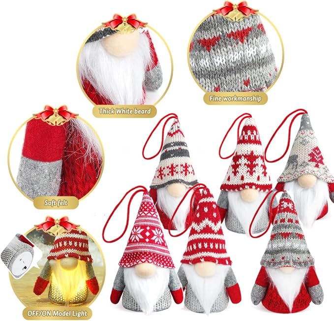 Baodlon Gnome Christmas Ornaments with Led Light, Handmade Swedish Tomte Xmas Gnomes Plush Doll, Scandinavian Santa Elf Table Ornaments, Lighting Hanging Christmas Tree Decorations Home Decor (6 Pack)