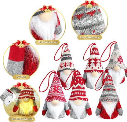 Baodlon Gnome Christmas Ornaments with Led Light, Handmade Swedish Tomte Xmas Gnomes Plush Doll, Scandinavian Santa Elf Table Ornaments, Lighting Hanging Christmas Tree Decorations Home Decor (6 Pack)