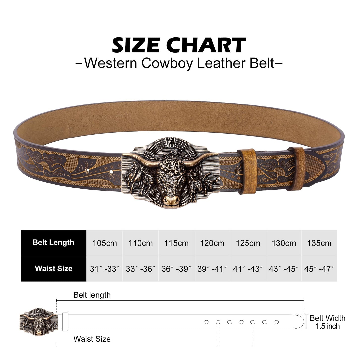 BISON DENIM Western Leather Belt for Men Women Cowboy Cowgirl Mens Buckle Belt for Jeans, Country Belt, Ideal Men's Gifts