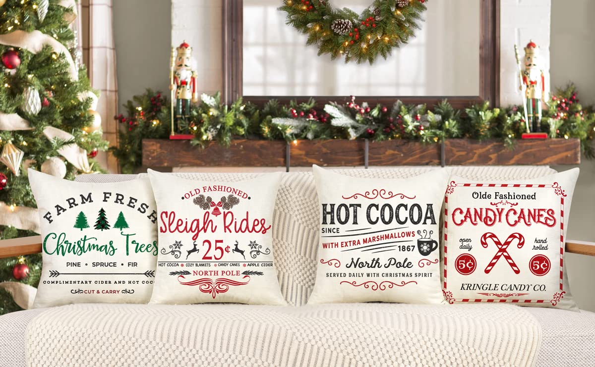 4TH Emotion Farmhouse Christmas Pillow Covers 18x18 Set of 4 Winter Holiday Decorations Xmas Rustic Throw Cushion Case for Sofa Couch Home Decor (Sleigh Rides, Farm Fresh Tree, Cocoa, Candy Canes)