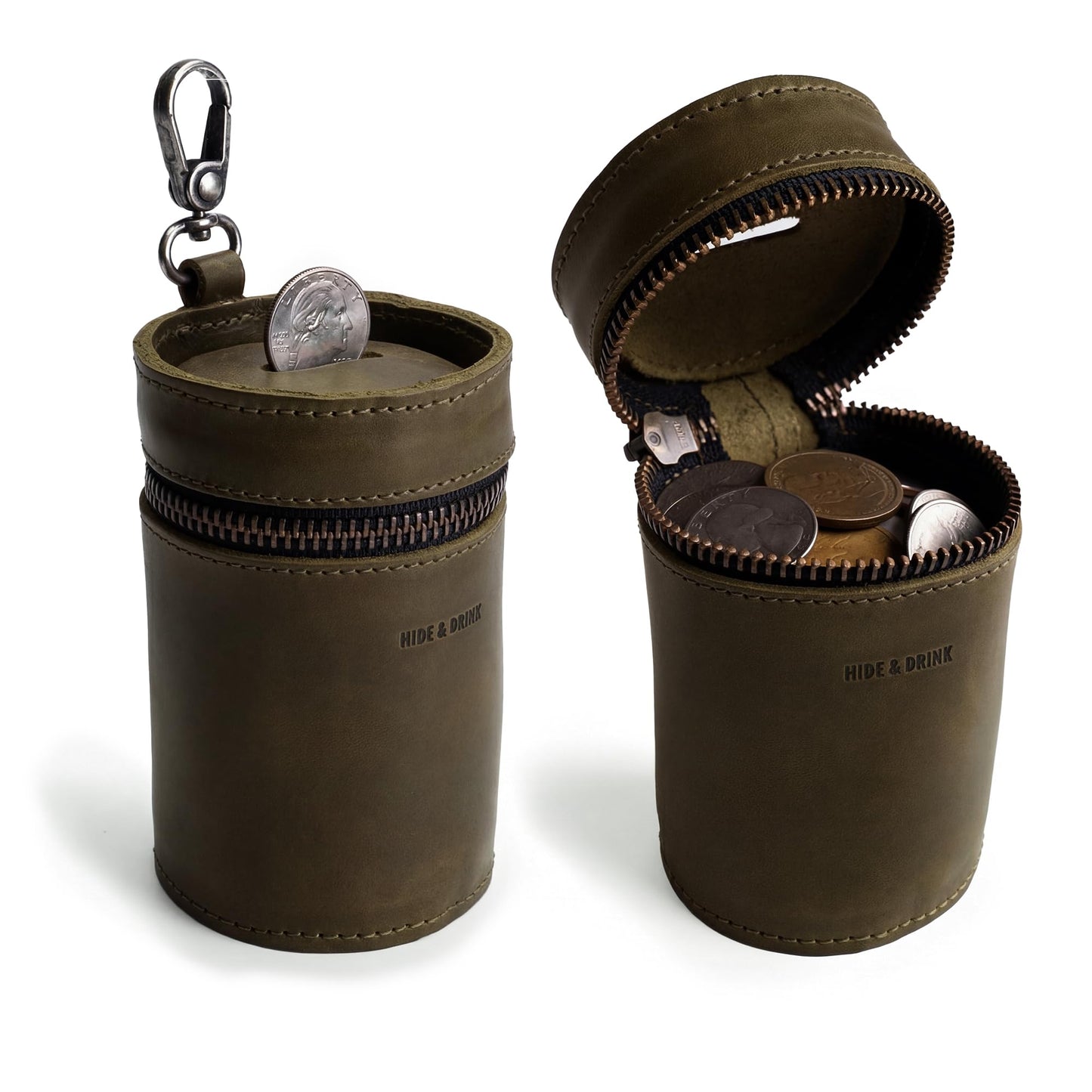 Hide & Drink, Money Box, Piggy Bank Bucket, Zippered Pouch, Cash Organizer, Coin Case, Full Grain Leather, Handmade (Dark Jade)