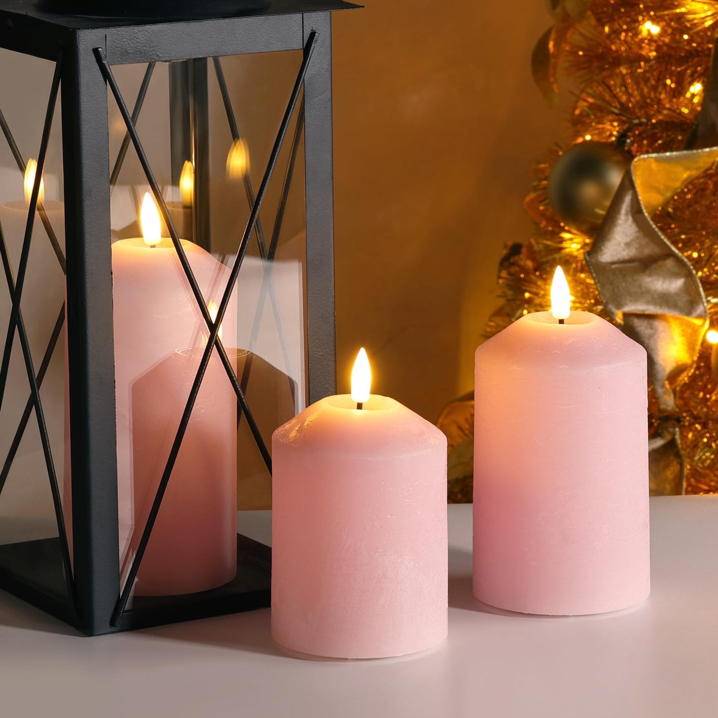 Girimax Pink Flameless Pillar Candles with Remote, Real Wax LED Candles Battery Powered Flickering Set of 3
