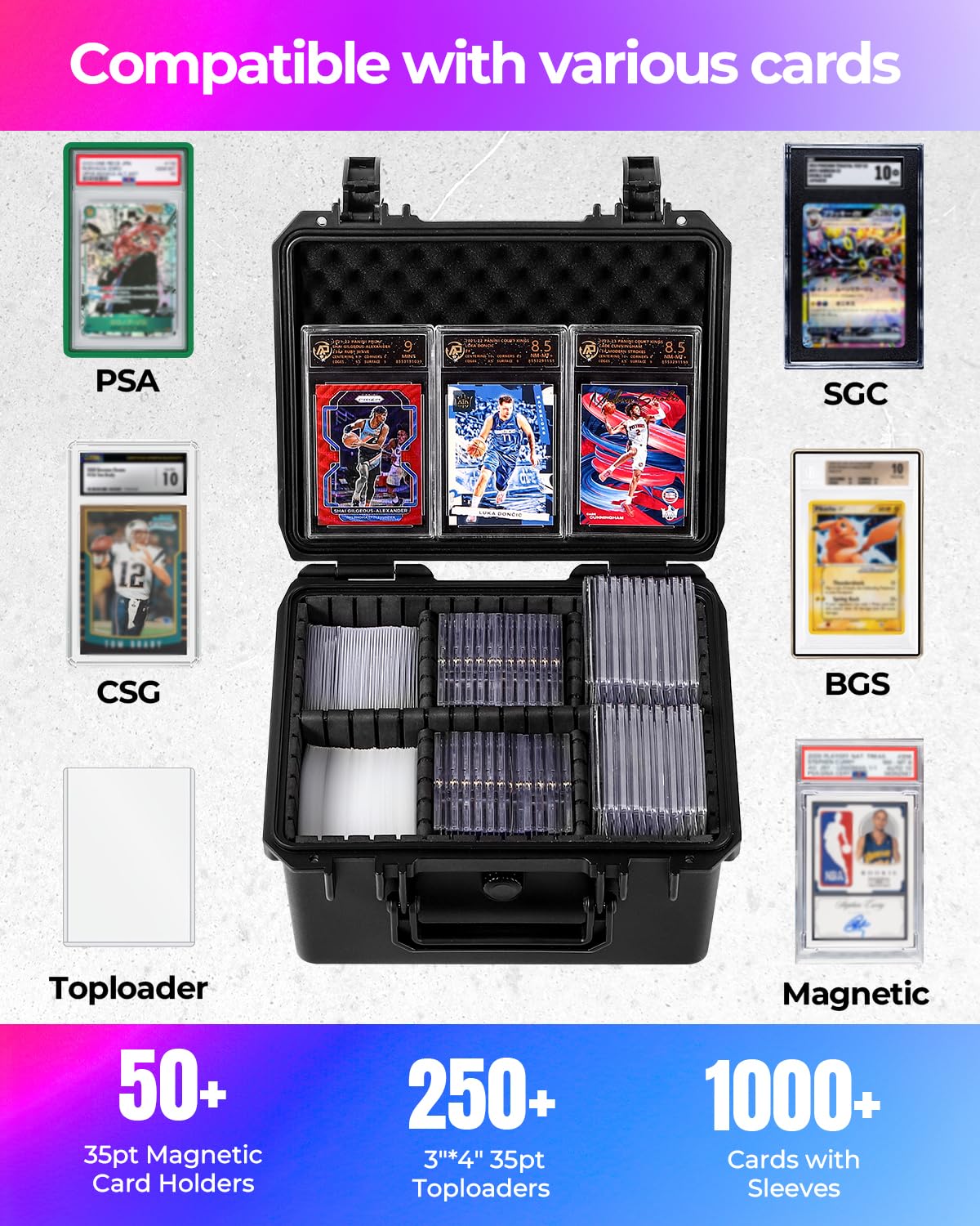 INCHOICASES Card Case Sports Graded Trading Card Storage Box for PSA BCW MTG Tmnt TCG Zion Magnetic Card, Waterproof Hard Carrying Case Card Protective Organizer for Rigid Card Sleeve Collector