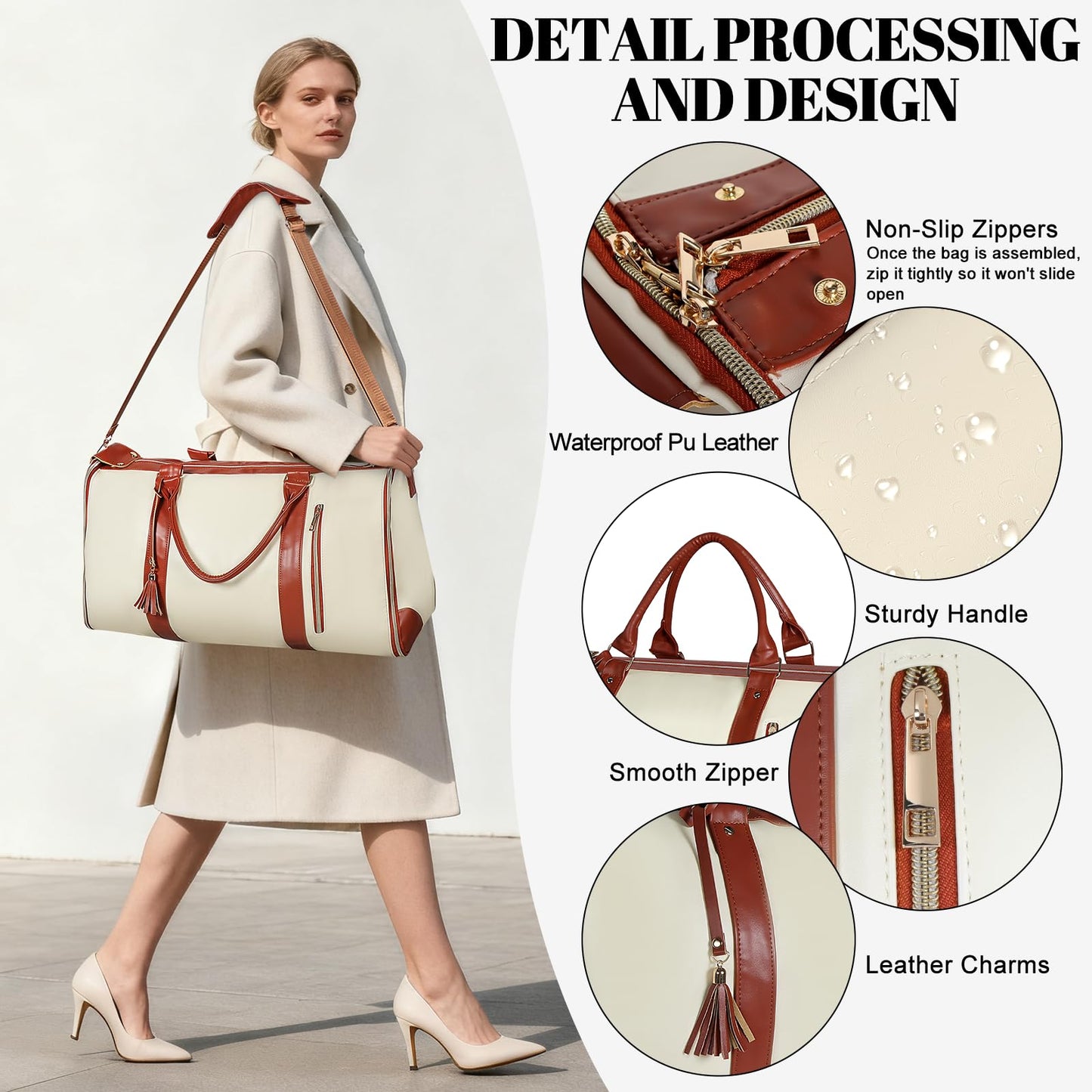 Geestock Garment Bag for Travel, Convertible Carry On Garment Duffle Bags for Women with Shoe Pouch & Detachable Shoulder Strap, Large PU Leather, 2 in 1 Hanging Suitcase Dress Suit Travel Bag, Beige