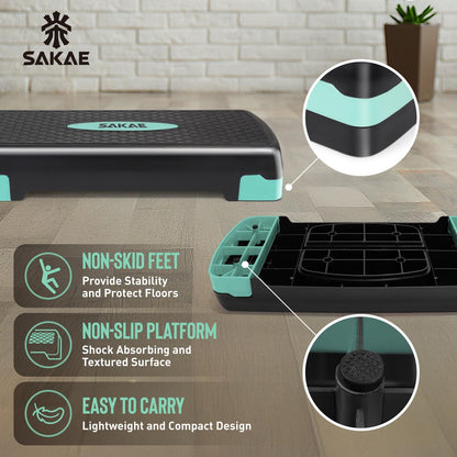 Green Black Exercise Step Platform Set with Kettlebell & Measuring Tape, Adjustable Height 2 Level Risers Workout Step Trainer, Aerobic Steppers for Home Gym Exercise Fitness Workout