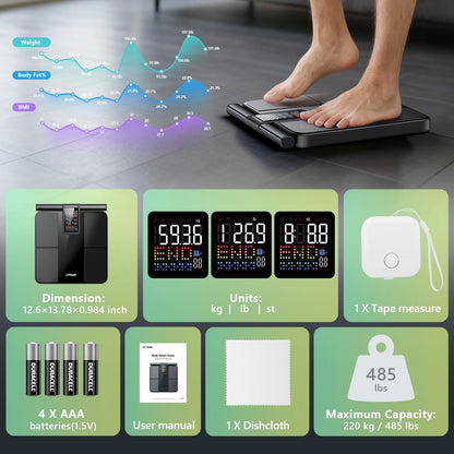 LVPIMAN Smart Scale for Body Weight and Fat,BMI,Muscle Mass 57 Body Composition Measurement,8 Electrodes Digital Bathroom Scale,with 5.25-inch VA Color Screen on Retractable Handle,485lbs