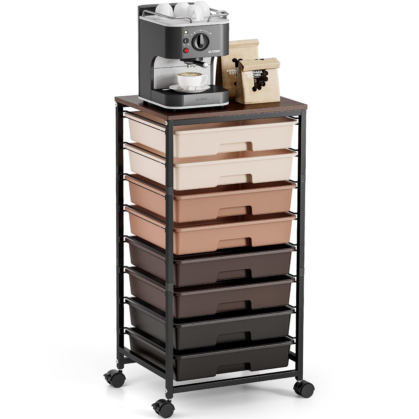 TOOLF Rolling Carts with Wheels, 8-Drawer Utility Cart, Wooden Tabletop Storage Cart for Office, Arts & Crafts, Classroom, Bedroom, Brown
