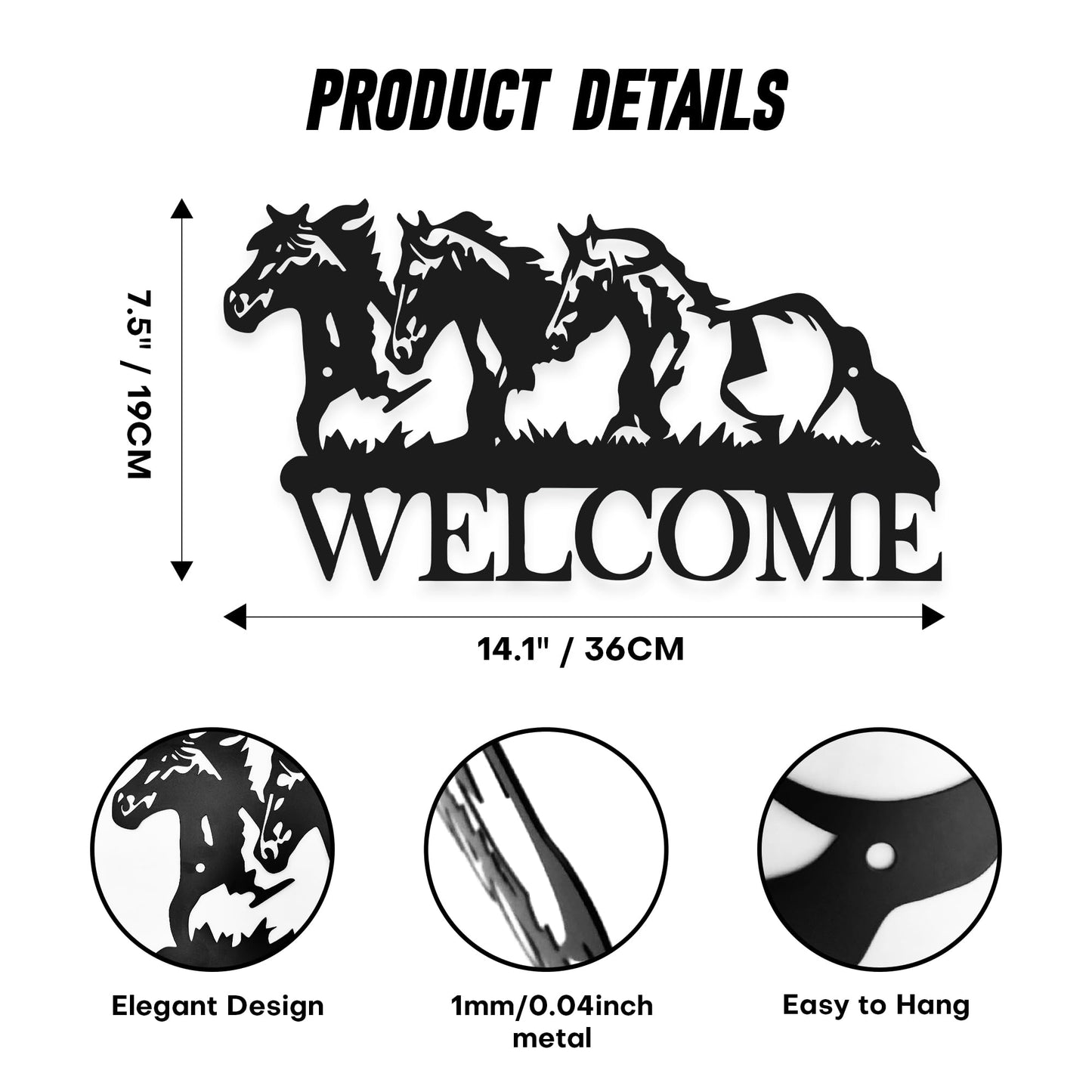Horse Wall Art Door Welcome Sign With 3 Running Horses, Rustproof Metal Horse Decor for Outside, Christmas Thanksgiving Halloween (14.2x7.5 inch)
