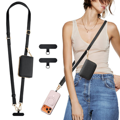 TiMOVO Phone Lanyard, Strap with Leather Wallet Pouch, Universal Crossbody Phone Lanyard Adjustable Neck Strap, Compatible with Most Smartphones, Black