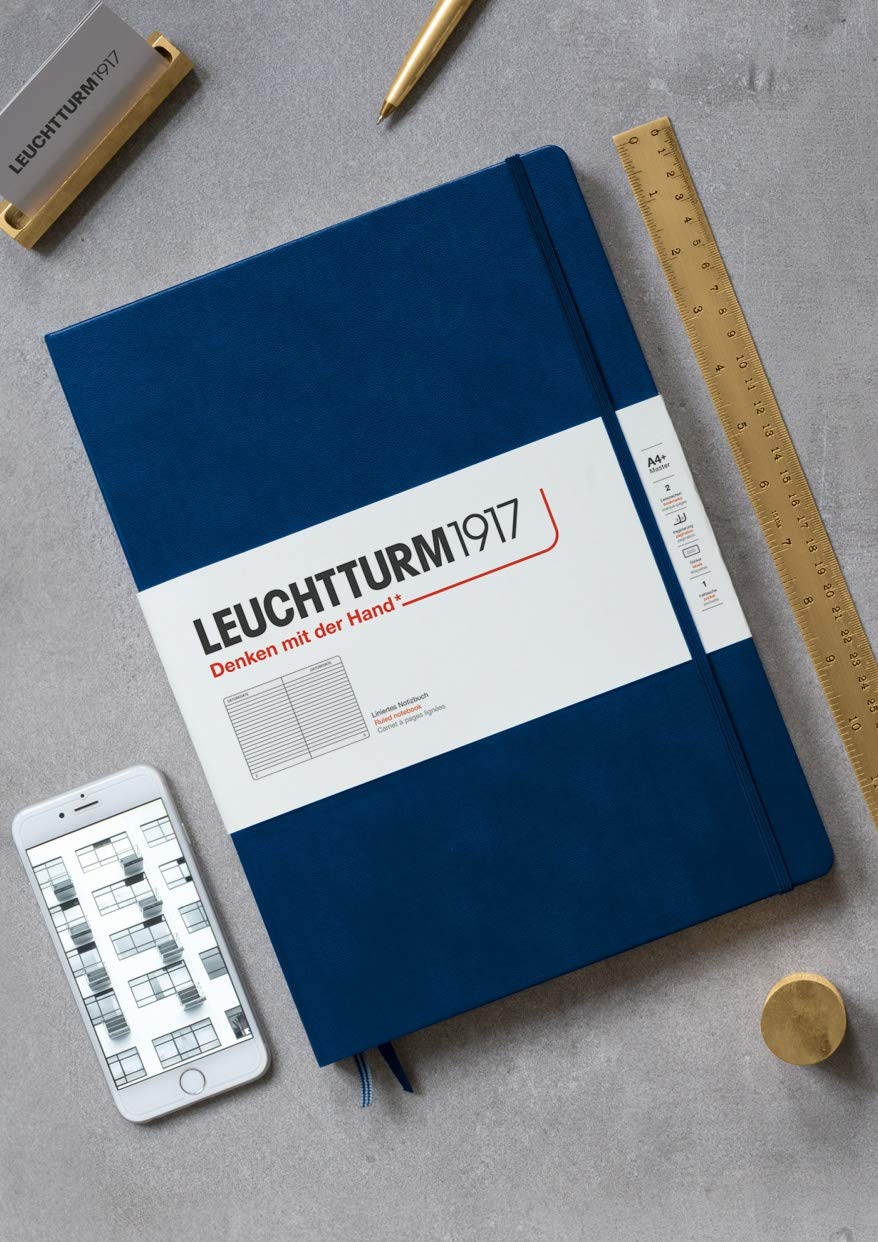 LEUCHTTURM1917 - Notebook Hardcover Master Classic A4+ - 235 Numbered Pages for Writing and Journaling (Navy, Squared)