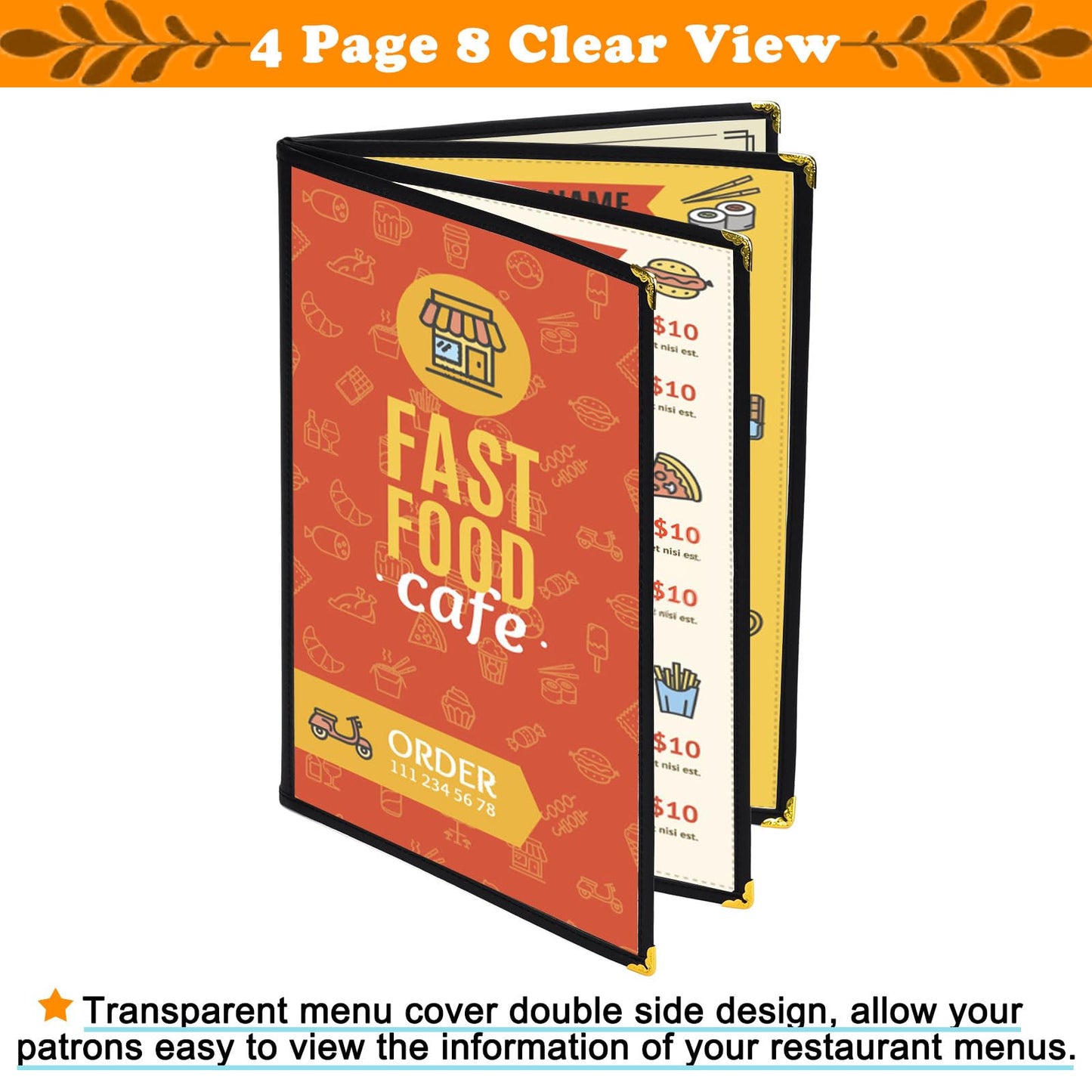 Restuarant Menu Covers,10 PCS 4 Page 8 View Transparent Leather Menu Covers 8.5X11 inch, Homeschool Supplies and Restaurant Supplies (Black*10)