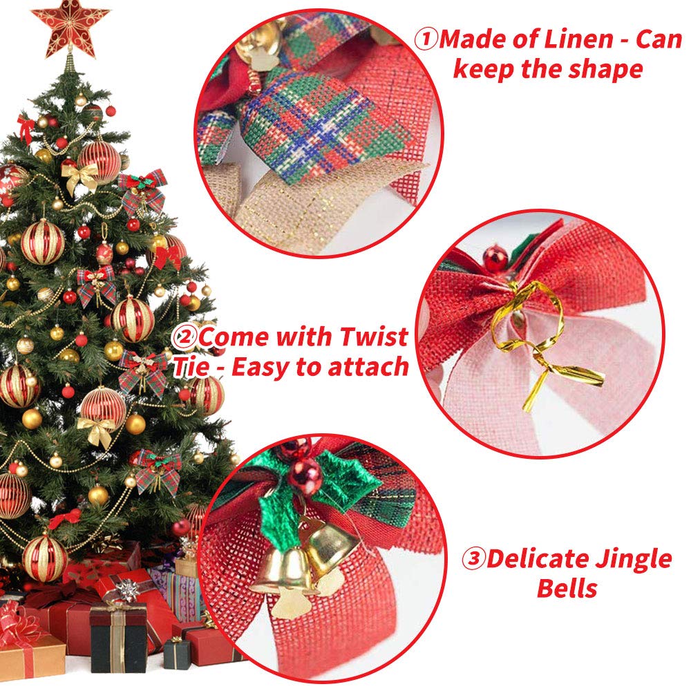 YBB 12 Pack Christmas Red Green Plaid Tree Bows, Linen Bowknot Wreath Bow with Jingle Bells for Christmas Garland Tree, Crafts, Wrapping, Wreath Xmas Hanging Ornaments Decor