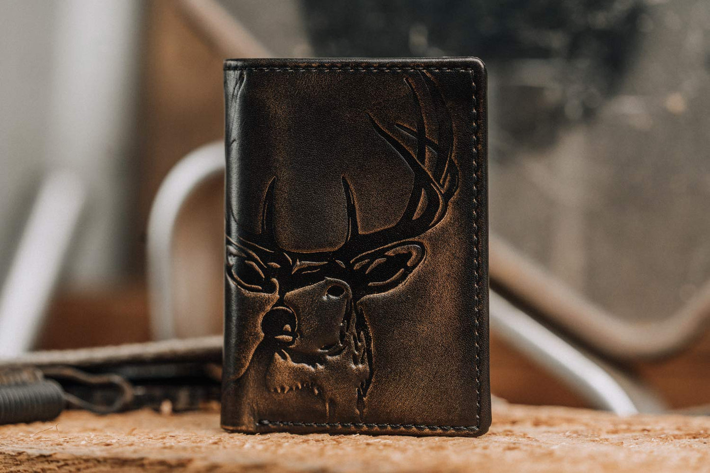 House of Jack Co. Deer Men's Trifold Wallet, Full Grain Leather Hunting Wallet with ID Window, 8 Card Slots, Camo Lining, Embossed Whitetail Deer, Hunter Gift for Men, Black
