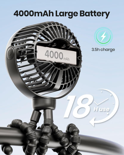 SHEWIND Stroller fan, 4000mAh Portable Battery Operated Smal Clip on Fan, 4 Speed Rechargeable Mini Personal Cooling, Travel for Baby Car Seat Crib (Black)