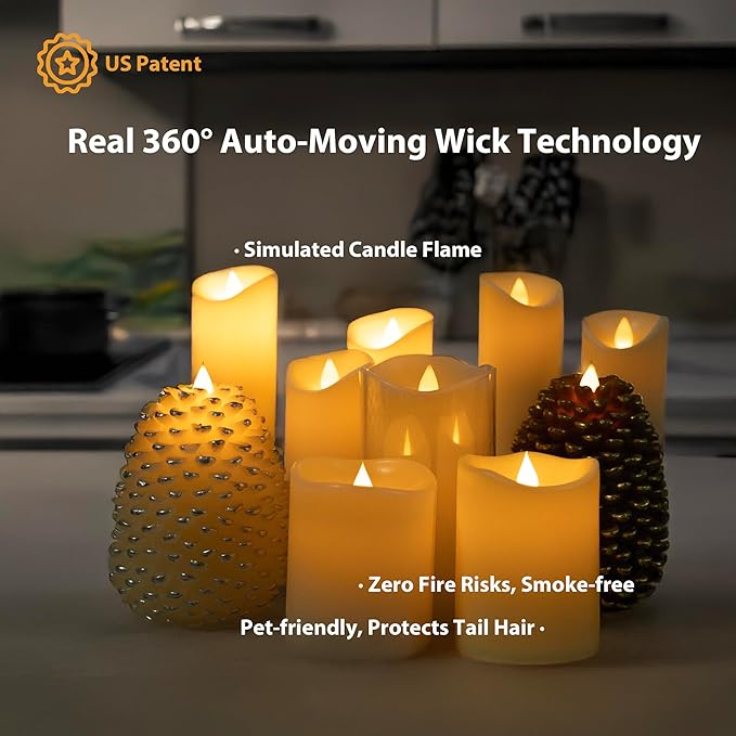 Flameless Candles Last 1300+ Hours Real Wax Flame Effect Auto-Moving 3D Wick, LED Pillar Candles with Timers Battery Operated - Ivory 8"