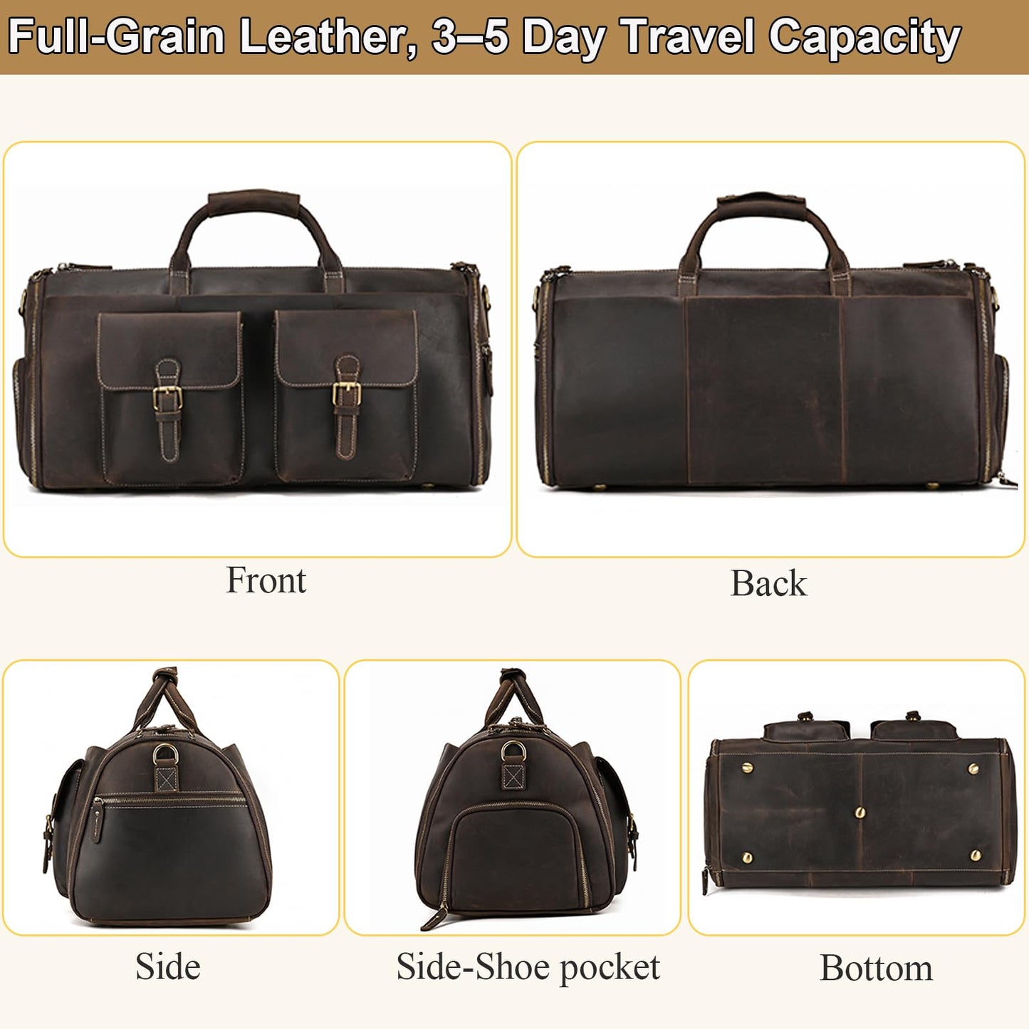 Yevabo Full Grain Genuine Leather Garment Bag for Men 2 in 1 Convertible Suit Travel Duffel Weekender Overnight Bag with Shoe Compartment Business Carry On Luggage, Dark Brown