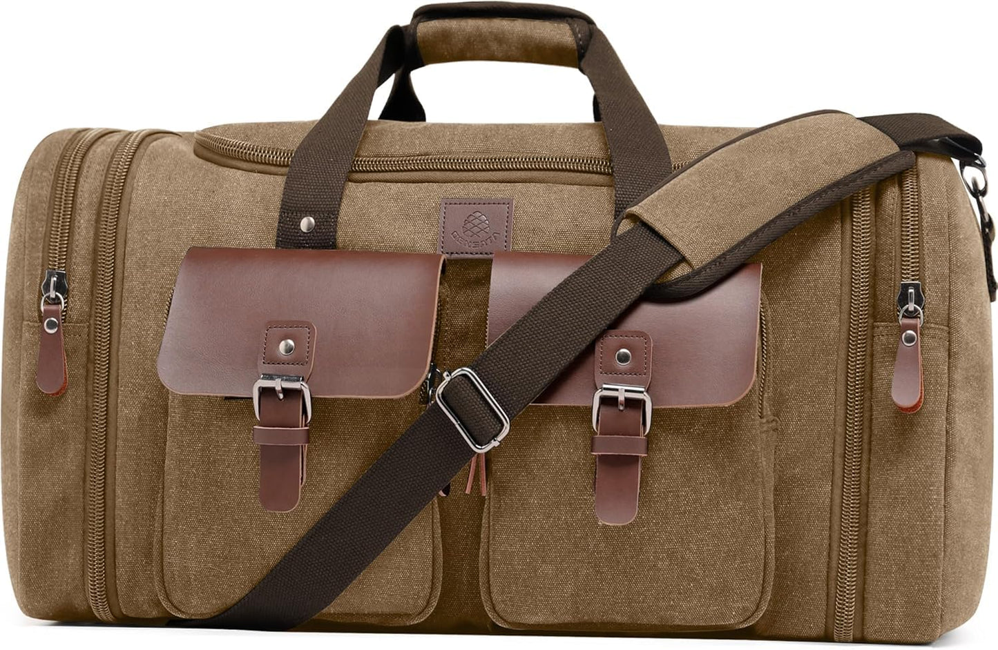 Densata Canvas Duffle Bag for Men 50L Travel Duffel Bags Expandable Genuine Leather Duffel Overnight Weekender Carry On Bag Two Zipper Pockets Travel Bag (Coffee, Large-50L)