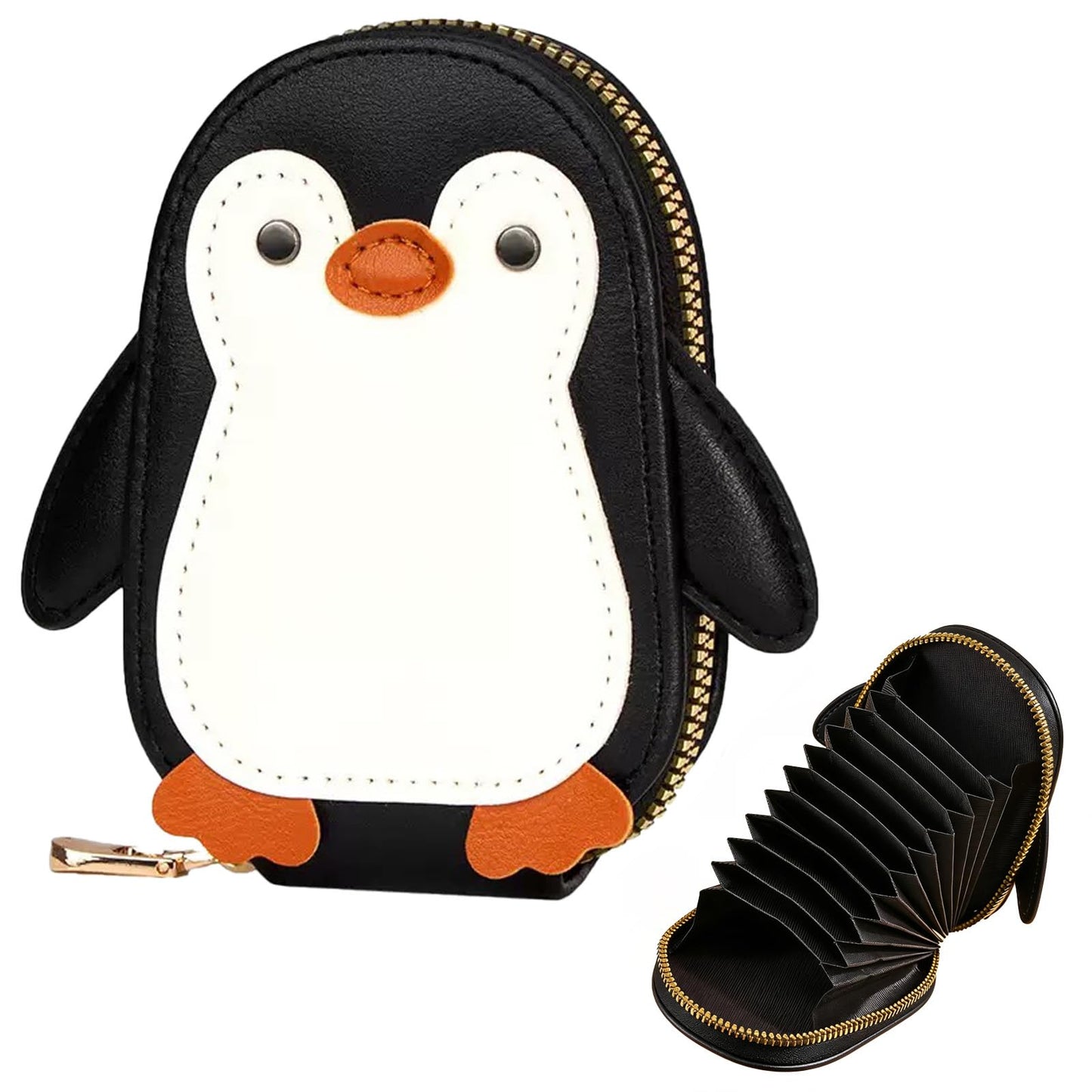Novel and Interesting Cute Cartoon Penguin-shaped Coin Purse PU Leather Accordion Card Holder Large Capacity Zippered Money and Card Organizer Portable Mini Pocket Coin Purse Key Pouch (black)