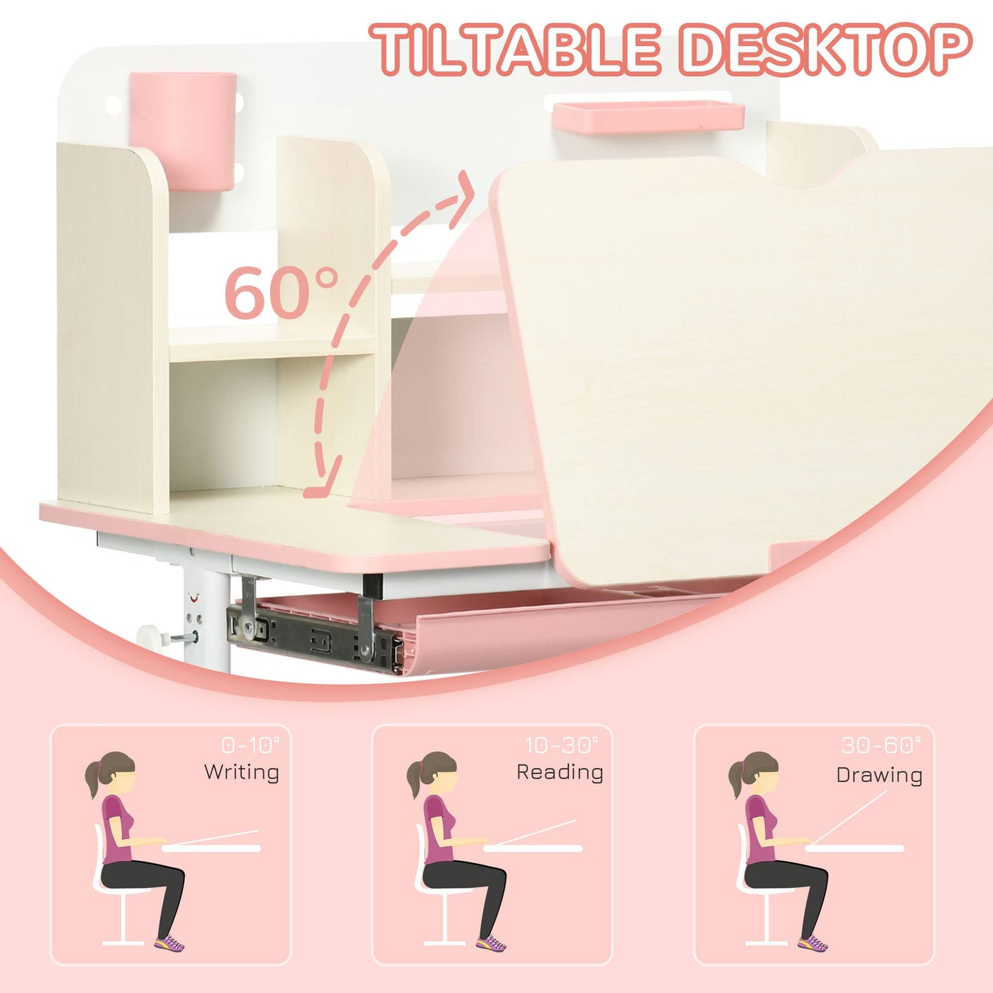Qaba Wooden Kids Study Desk, Height Adjustable Children School Study Table, Student Writing Desk with Tilt Desktop, Drawer, Storage Shelf, Pen Holder, Pink