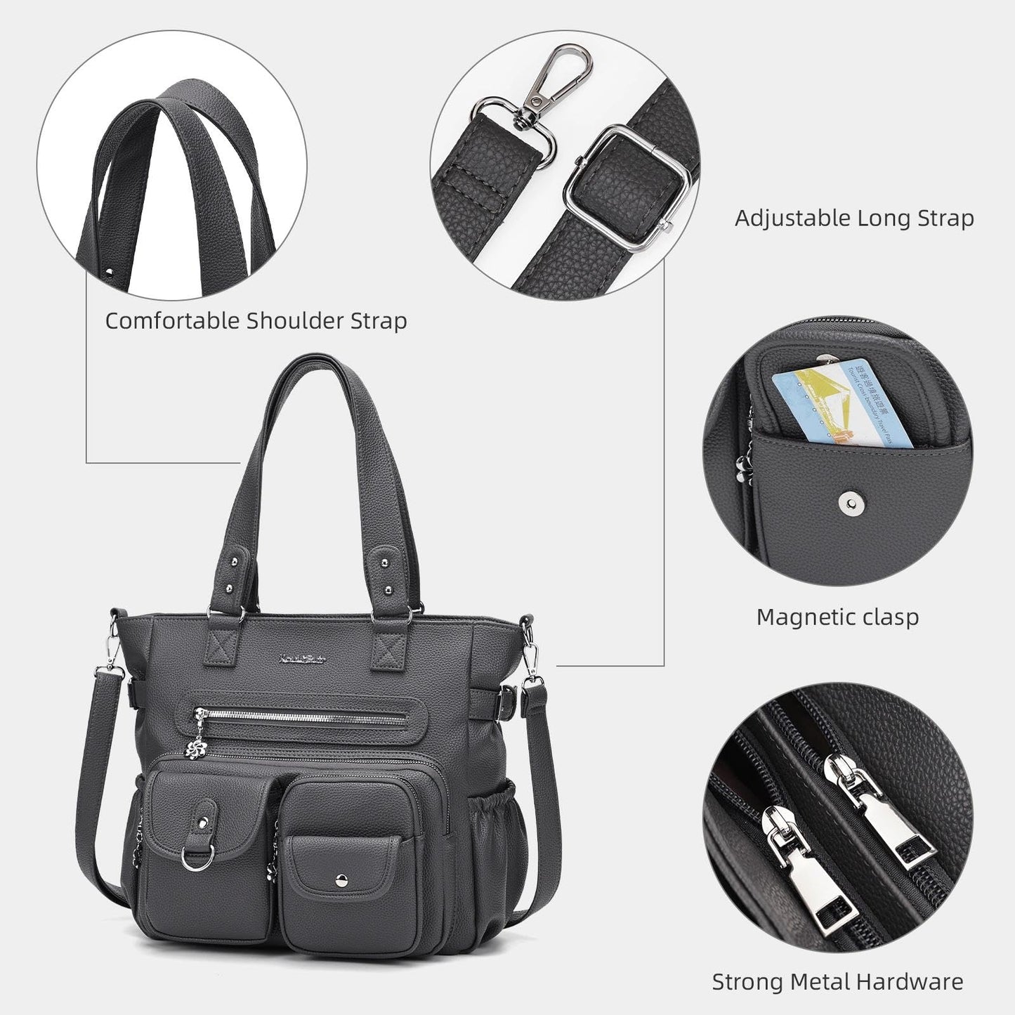 KouLi Buir Large Crossbody Bag for Women, Shoulder Bag Tote Handbag with Adjustable Strap, Vegan Leather Hobo Bags for Work Travel(Charcoal Gray)