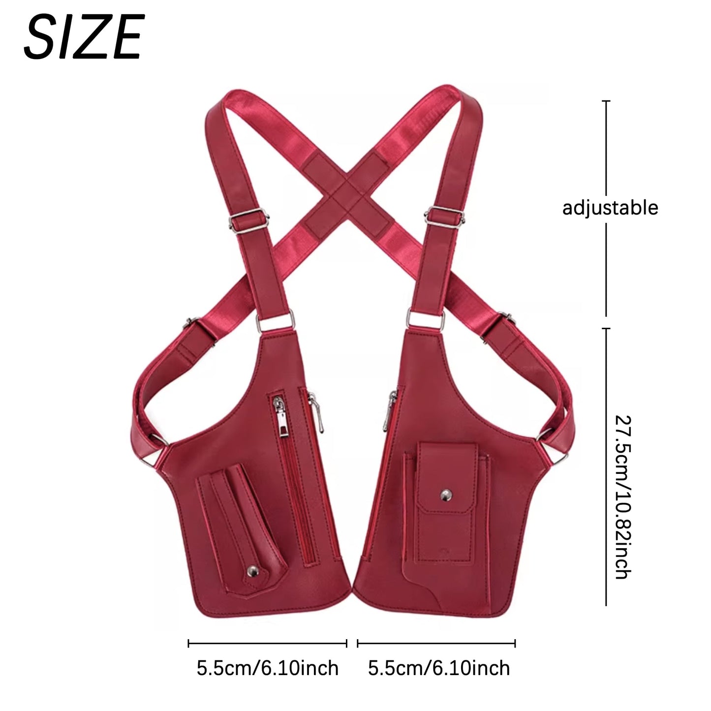 QZAVIRE Double Shoulder Armpit Bag, Leather Adjustable Underarm Shoulder Bag Hidden Underarm Strap Wallet Holster for Outdoor (Burgundy)