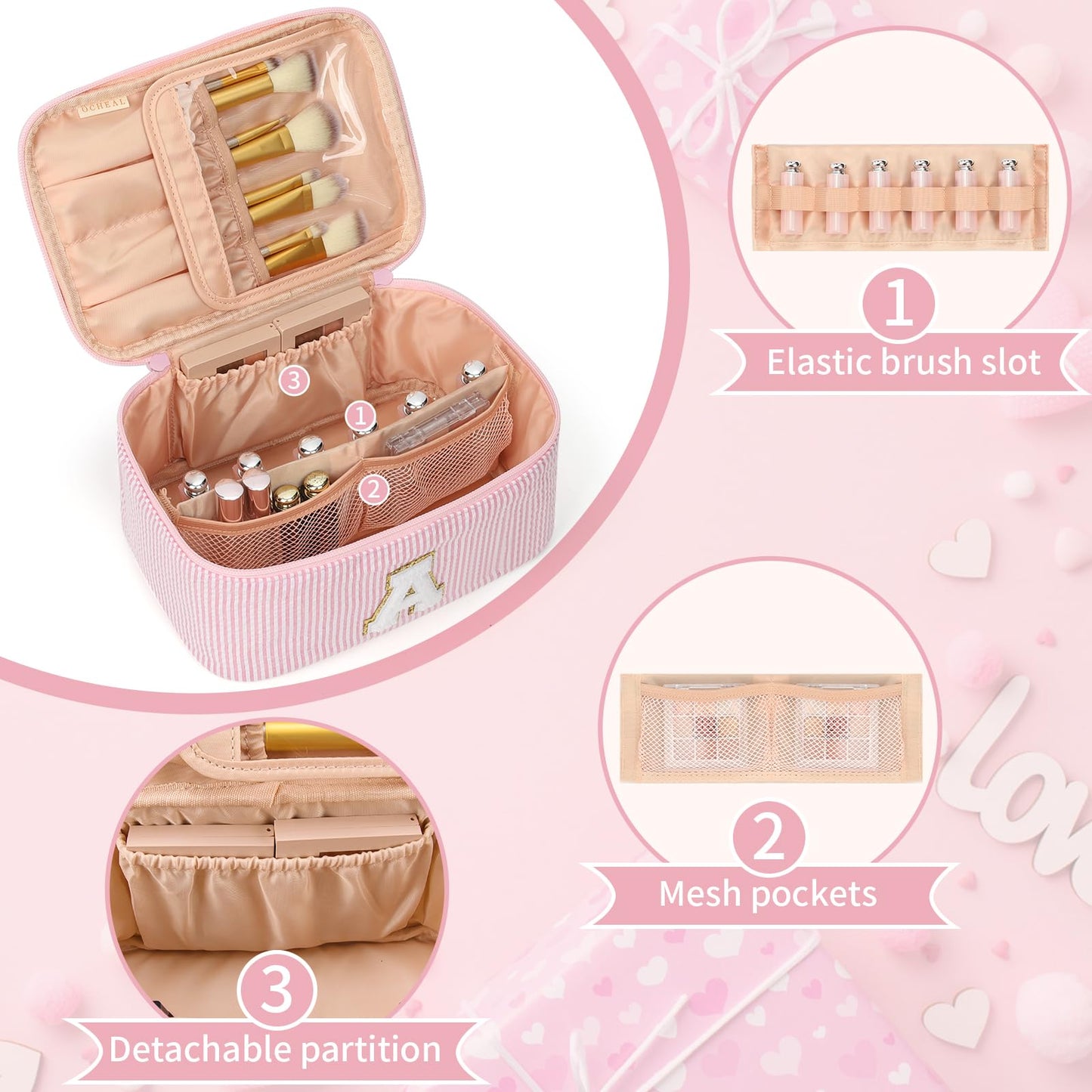 OCHEAL Makeup Bag for Women, Monogram Cosmetic Bag Pink Travel Makeup Case Beauty Toiletry Bag Organizer Personalized Gifts for Girls Bridesmaid, Sister, Wife, Friends Initial A