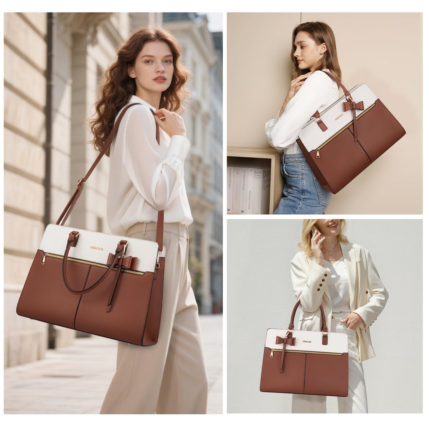 MOSISO Laptop Tote Bag for Women, 15.6 inch Waterproof PU Leather Work Bag with Clutch Purse & Bowknot, Large Capacity Handbag Shoulder Computer Bags Work Briefcase for Business Teacher Office, Brown