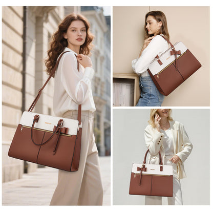 MOSISO Laptop Tote Bag for Women, 15.6 inch Waterproof PU Leather Work Bag with Clutch Purse & Bowknot, Large Capacity Handbag Shoulder Computer Bags Work Briefcase for Business Teacher Office, Brown